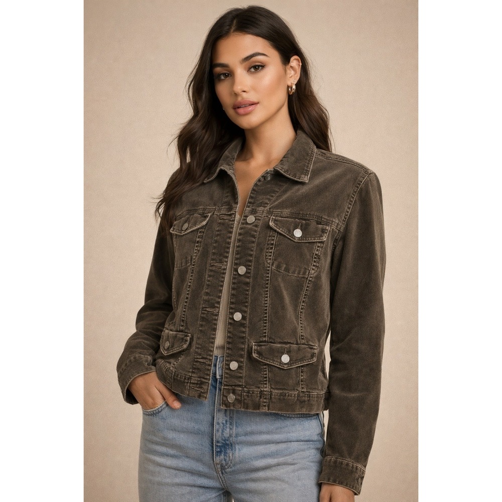 Chico's Corduroy Trucker Jacket Women Sz 2 Large (12) Brown Gray Retro Rustic